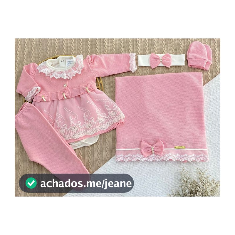 Saída de Maternidade Mundo Colorido – 6 Peças em Malha Tricô: Vestido, Body, Manta, Luvas e Tiara