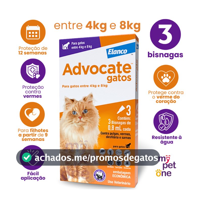 Advocate Elanco 0,8 mL para Gatos de 4 a 8 Kg - 3 Bisnagas