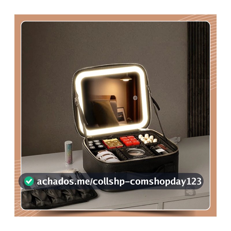 Maleta de Maquiagem Com Alça Necessaire De Couro Com Espelho Led Portátil Para Maquiagens Cosméticos