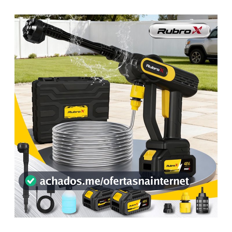 Rubrox 6 em 1 Lavadora Alta Pressão 300W Motor Sem Escovas 2 Baterias Bico Ideal Para Carro Jardim