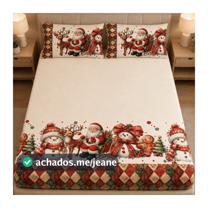 Jogo de Lençol Queen 400 Fios Natalino 3 PC (Jogo de Cama, Estampado, Decoração de Natal, Quarto)