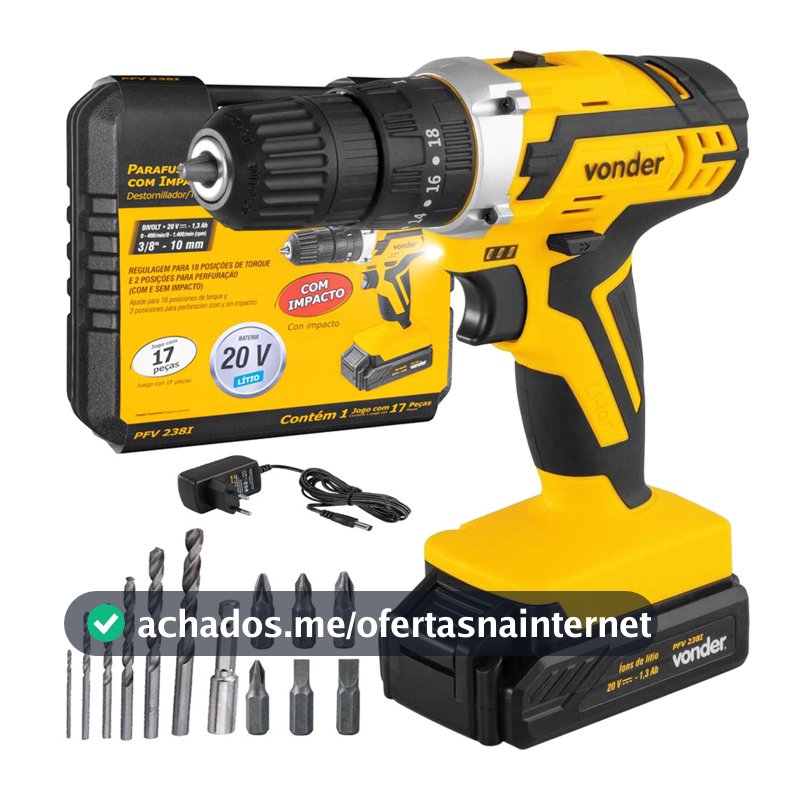 Parafusadeira Furadeira de Impacto 20v Sem Fio Com Maleta Broca e Bits PFV238I Vonder
