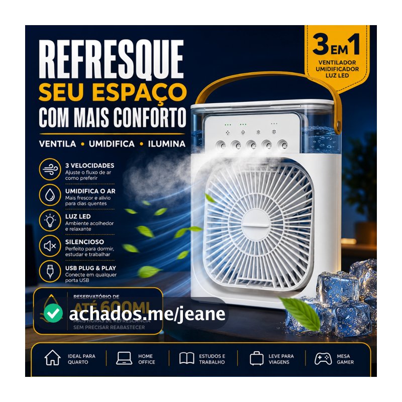 Mini Ar Condicionado Portátil USB 3 em 1 Climatizador Umidificador LED Silencioso 3 Velocidades Mesa