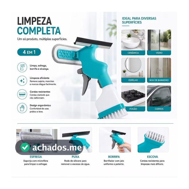 Rodo Spray Mop com Escova  Multiuso – Limpa Vidro, Azulejo e Janela com Escova Reservatório 250ml – Envio Imediato