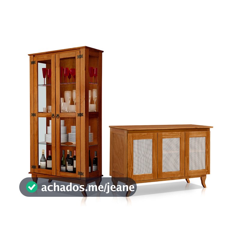 Conjunto Cristaleira de Madeira Antiga com Buffet 3 Portas em Madeira Premium Castanho