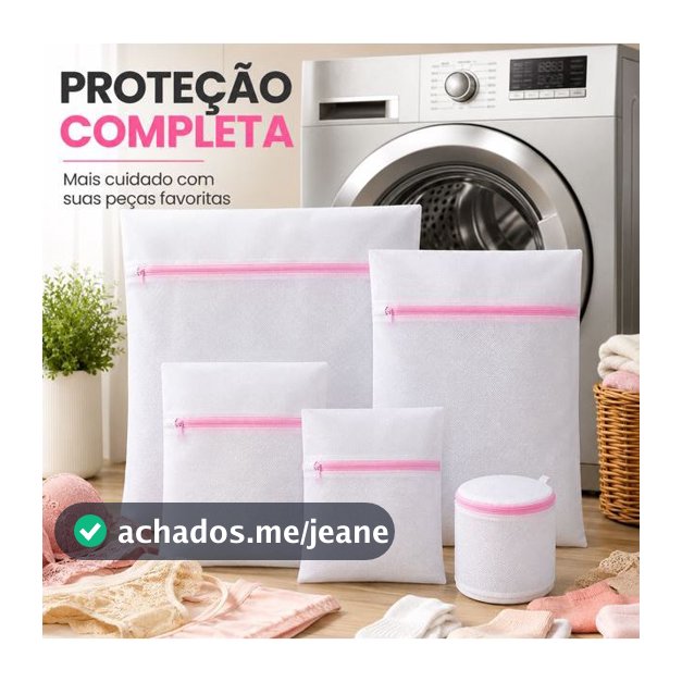 Kit 5 Sacos para Lavar Roupas Delicadas com Zíper Protetor para Máquina de Lavar Branco