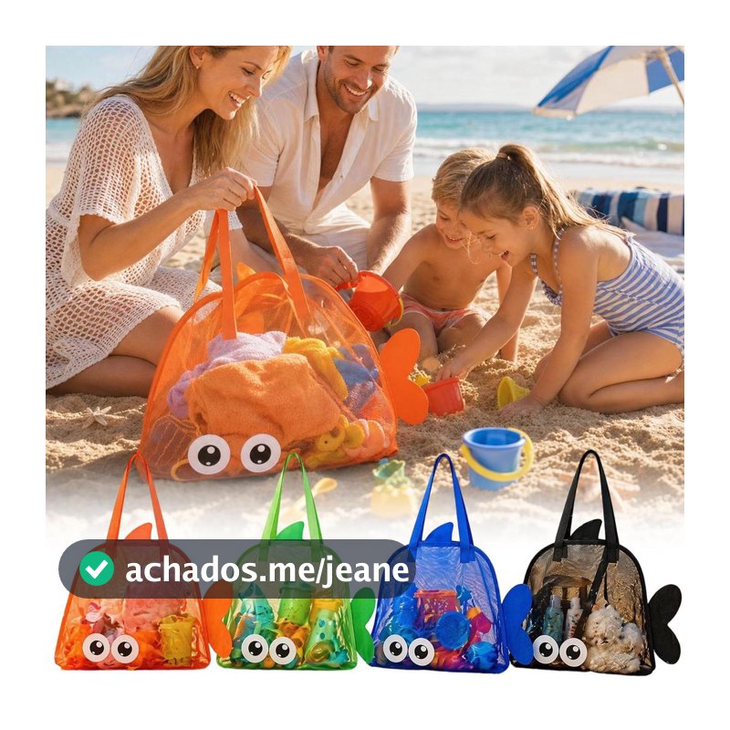 Bolsa De Praia Estilo Peixe De Malha Respirável-Organizador De Brinquedos De Areia Grande Dobrável-Infantil De Desenho A