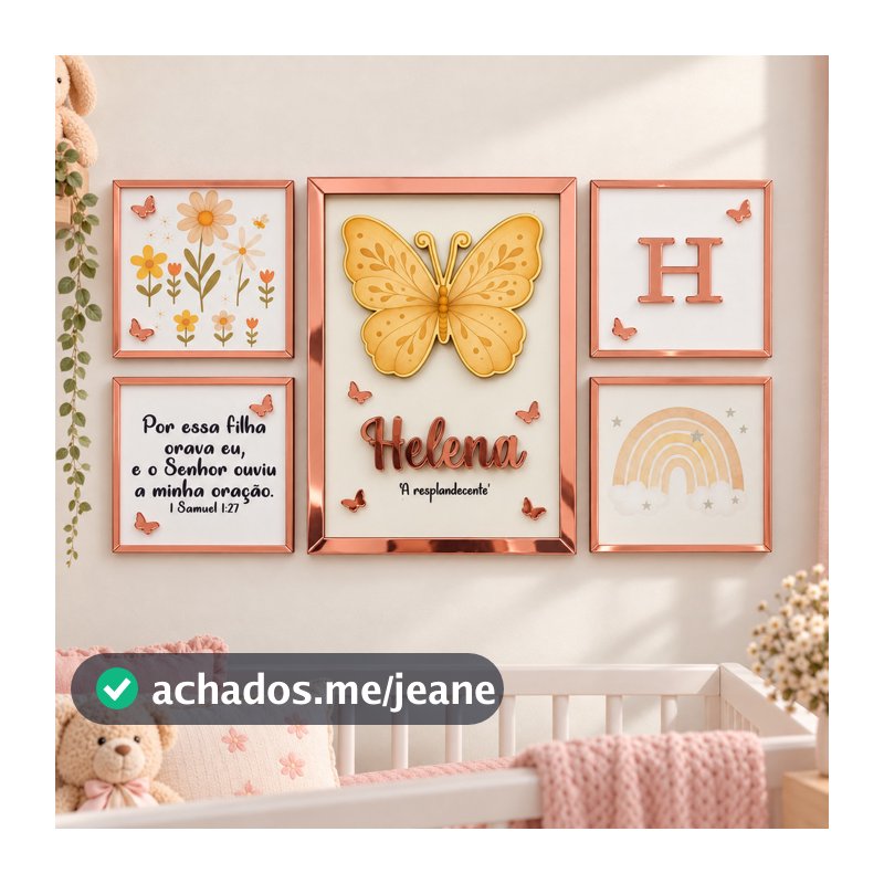 Kit 5 Quadros Decorativos Tema Borboleta com Nome e Versículo - Decoração Quarto Bebê Menina
