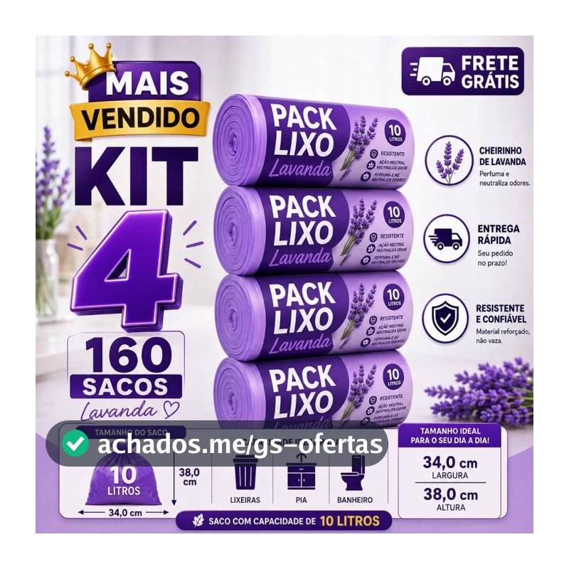Kit 4 Rolos Saco de Lixo Perfumado Lavanda 10L 160 Sacos Resistente Pia Banheiro