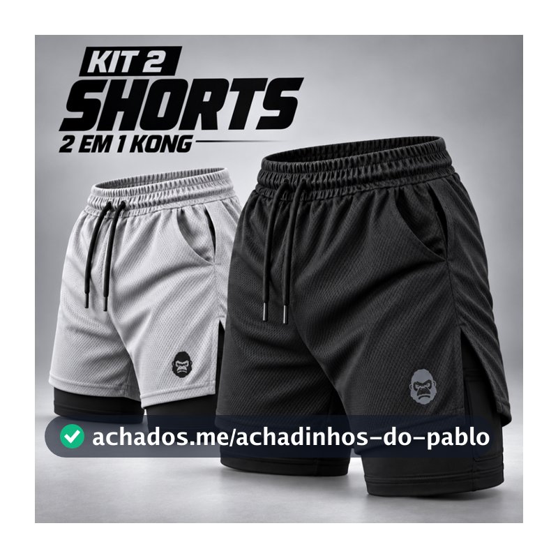 Kit 2 Shorts Masculino Kong 2 em 1 com Compressão, Bolso para Celular e Tecido Dry Fit