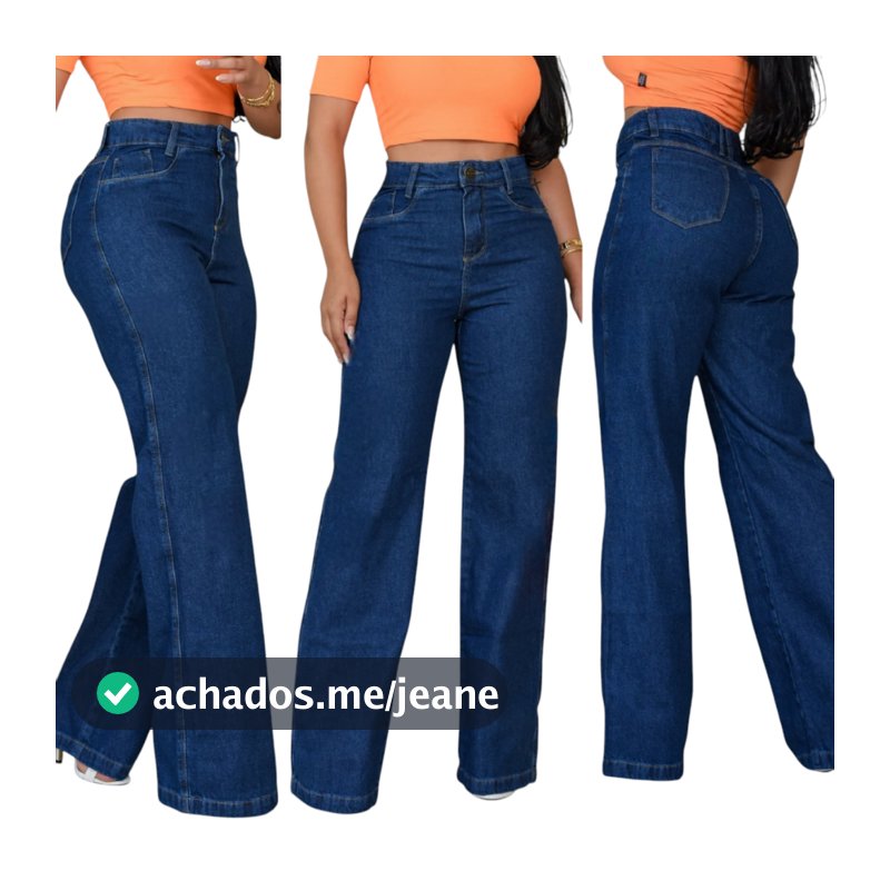 Calça Jeans Wide Leg Escura Estilo Pantalona Cós Alto Modeladora e Cintura Alta