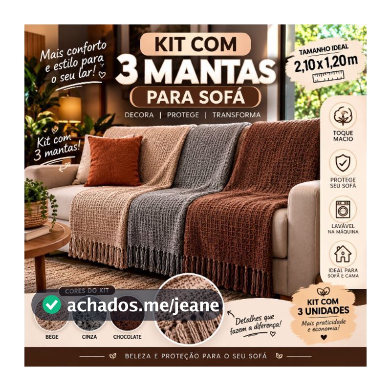 KIT 3 Mantas Para Sofá 2,10x1,20m Gigante Luxo Decorativa Protetora Capa Para Sofá e Cama