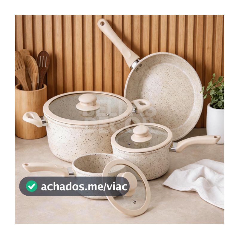 Kit Jogo Panelas 4 Peças Revestimento Cerâmica Marmorizado Creme Antiaderente Premium Tampas Vidro Organização Cozinha