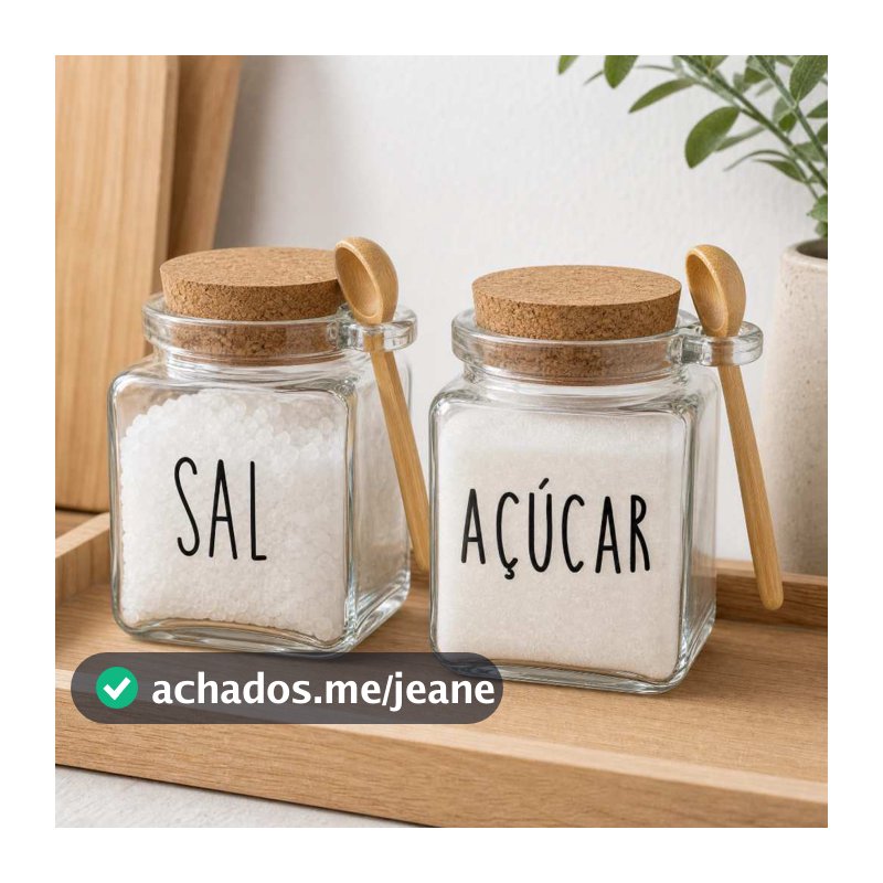 Açucareiro e Saleiro de Cozinha Vidro 300ml c/ Adesivos e Colher Bambu Hermético