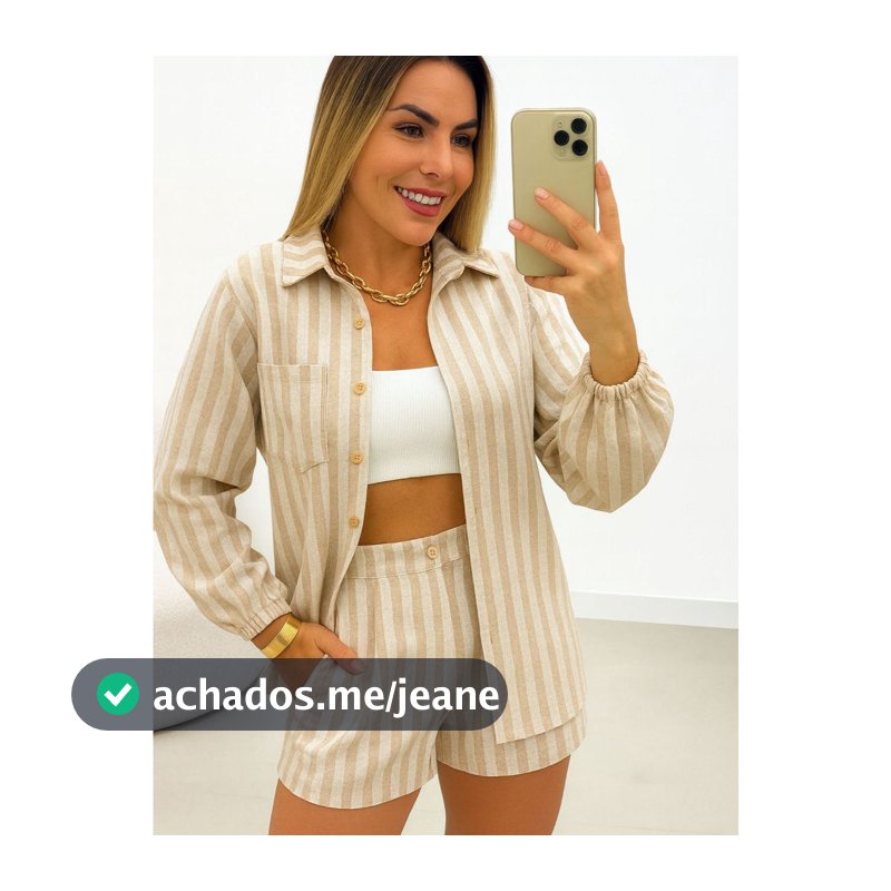 Conjunto Feminino de Linho Camisa c/ Bolsos e Botões e Short Moda Festa Casual