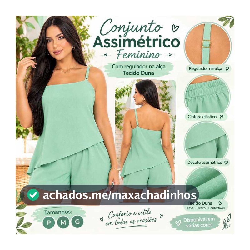 Conjunto Feminino Duna Short e Blusa Assimétrica Alça Regulável Elegante