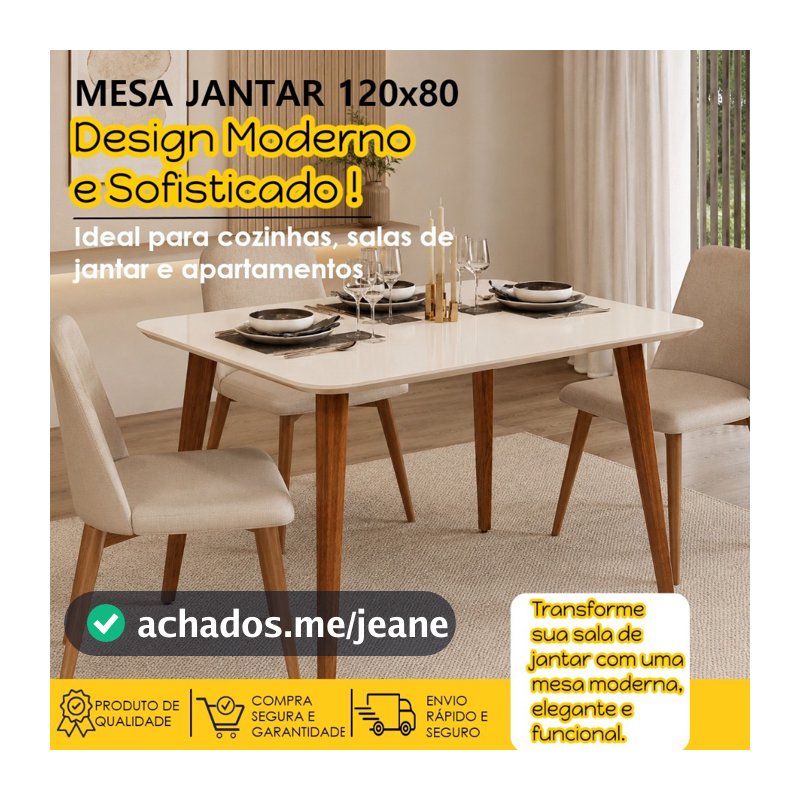 Mesa Jantar 4 Lugares 110x80 Classic pés Madeira Sala de Estar e Cozinha