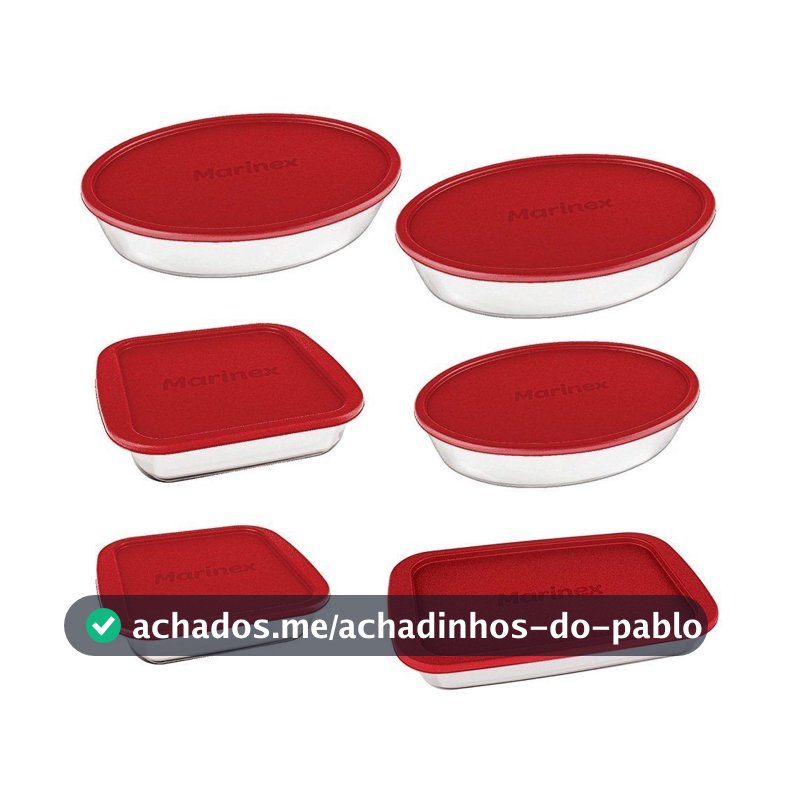 Conjunto de Assadeiras de Vidro Marinex com Tampa Vermelha 6 Peças