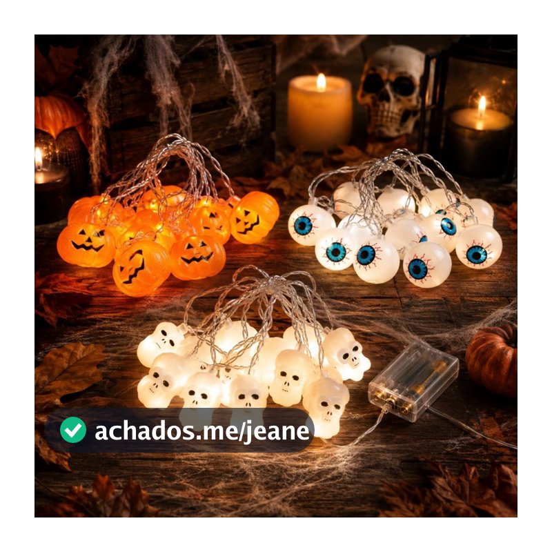 Jogo de Luzes de Abóbora / Caveira / Olhos para o Halloween  - Cordão de Halloween 2 Metros 10 Lampadas! Pisca Pisca