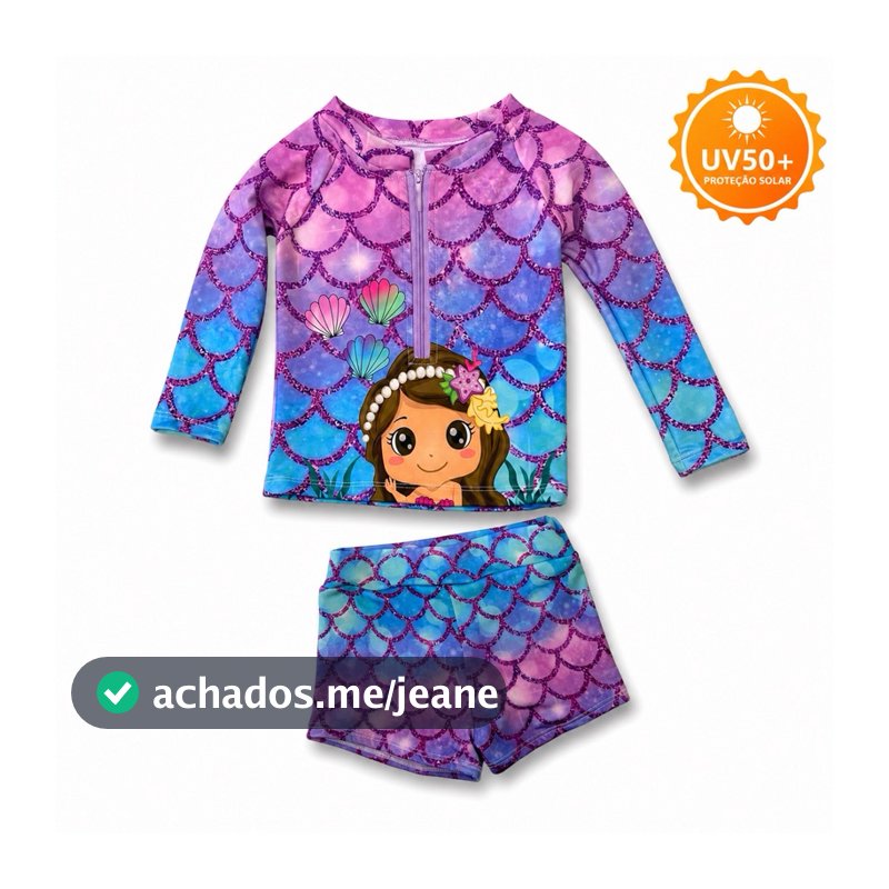 Conjunto Infantil Pequena Sereia UV50+ Moda Praia Menina Manga Longa 6 Meses a 3 Anos