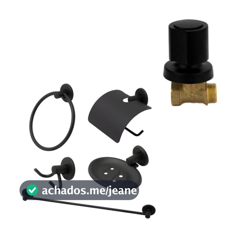 Kit Acessório Banheiro Preto 5 Peças + Registro Pressão 1416 3/4 C-40 Preto