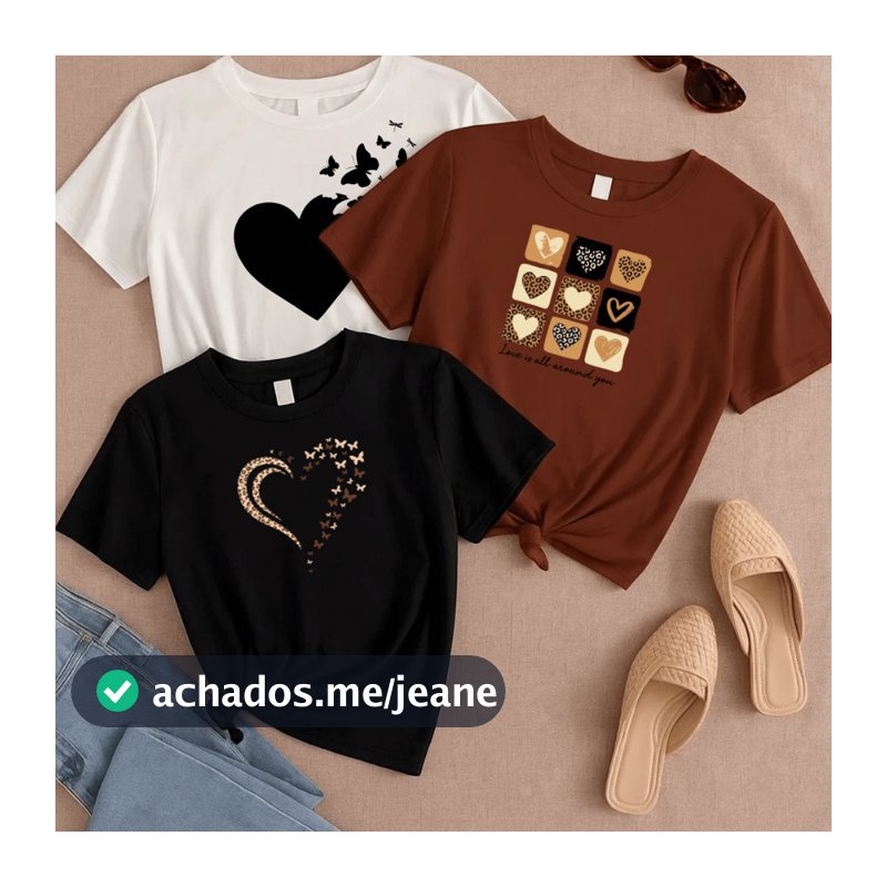 Kit 3 Camisetas Plus Size Feminina P ao G5 Estampada Blusa 100% Algodão Treino 3 Com Corações