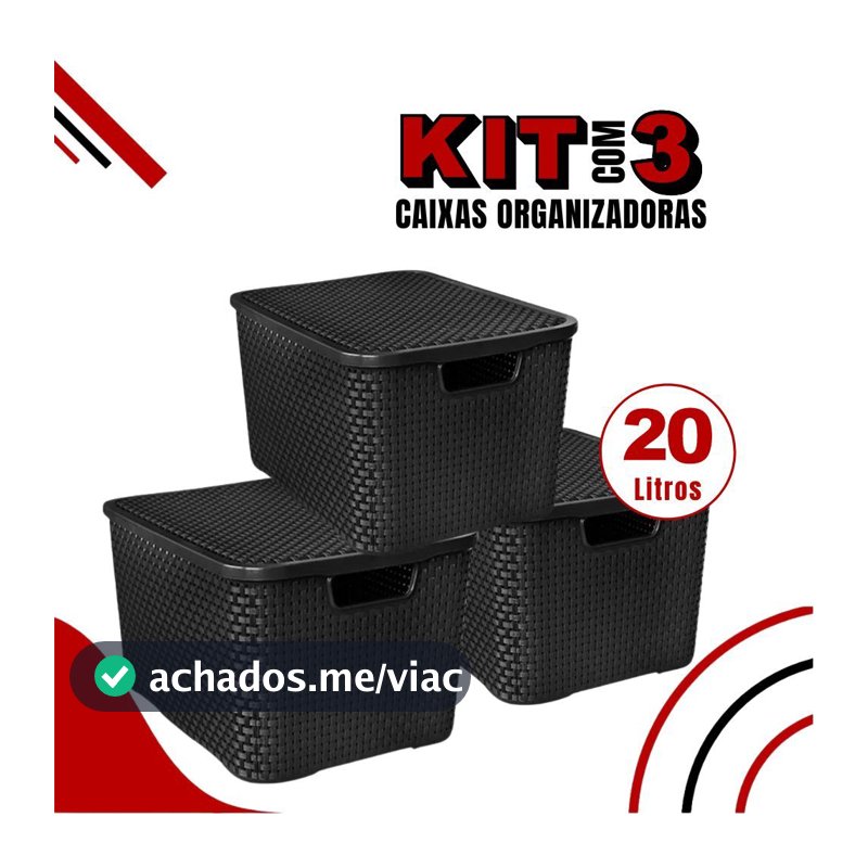Kit 3 Caixas Organizadoras Cesto Rattan 20 Litros Com Tampa  Preta Armários e Brinquedos