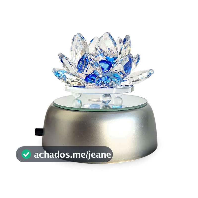Enfeite Escultura de Vidro Flor de Lotus de 8CM Com Base Espelhada Led RGB Enfeite de Crista