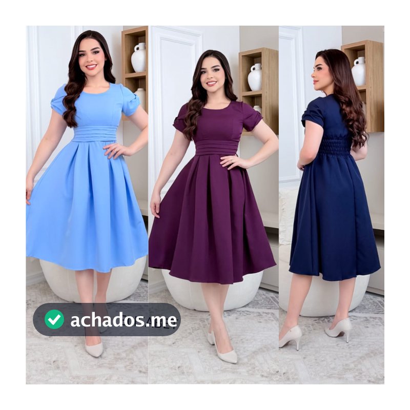 Vestido Feminino Midi Rodado Elegante  Manga Curta Elegante para Festa e Dia a Dia
