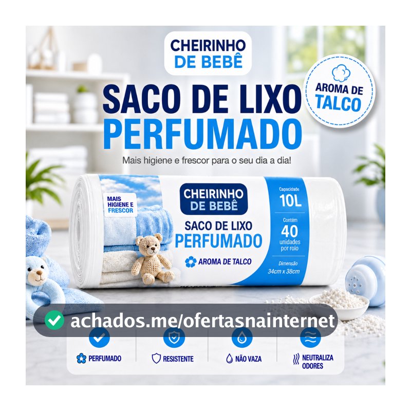 Saco de Lixo Perfumado Aroma Talco 10L 40 Sacos 34x38cm Pia Banheiro Anti Odor Mau Cheiro Resistente