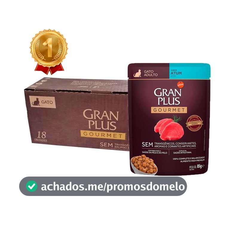 Kit 18un. Ração Úmida Sachê GranPlus Gourmet Gatos Adultos Atum 85g