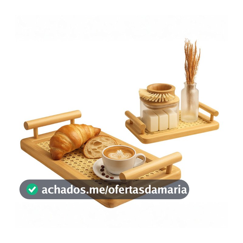 Bandeja de Madeira Bambu Palha C/ Alça Servir Café Decoração