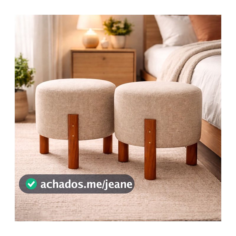 PROMOÇÃO Kit Puff Apolo Linho Pés Madeira 2 Unidades Banco Banqueta Envio Imediato Sala e Quarto