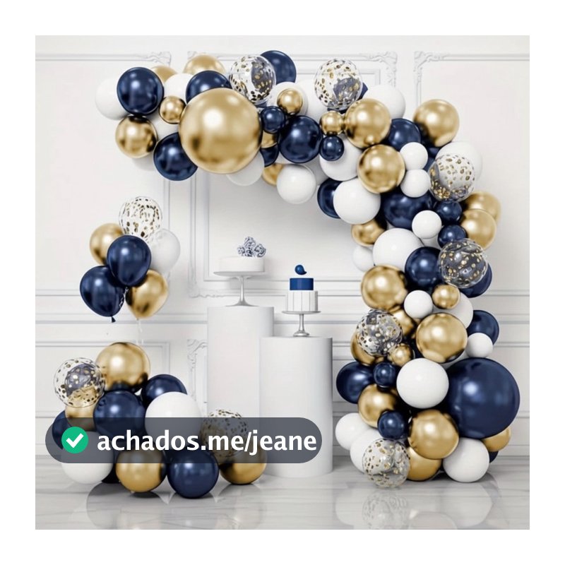 Kit Festa 155 Balões + Fita Bexiga Azul Branco Liso Cromado Dourado Arco Desconstruído Decoração Aniversario Enfeite