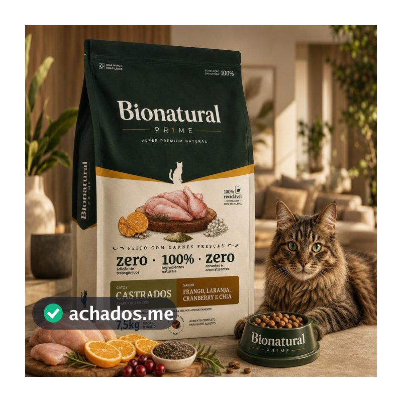 Ração Bionatural Prime Super Premium Gatos Castrados 7.5kg Frango Envio Imediato