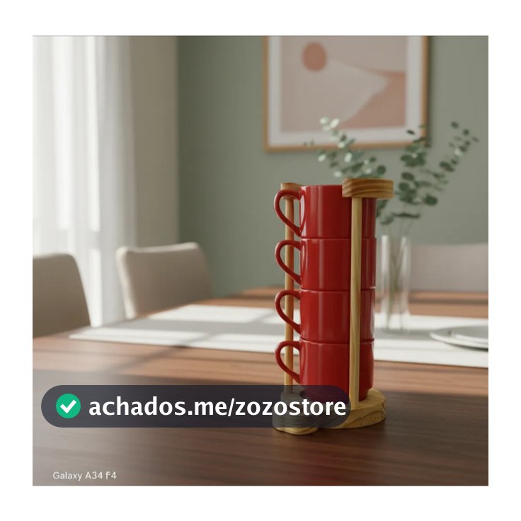 Kit Jogo 4 Caneca Colorida Xicara 200ml Porcelana Café COM SUPORTE MADEIRA