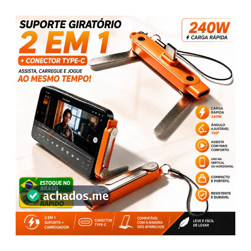 Envio de São Paulo em 24h | Adaptador USB-C 240W Carga Rápida OTG com Suporte para Celular 2 em 1