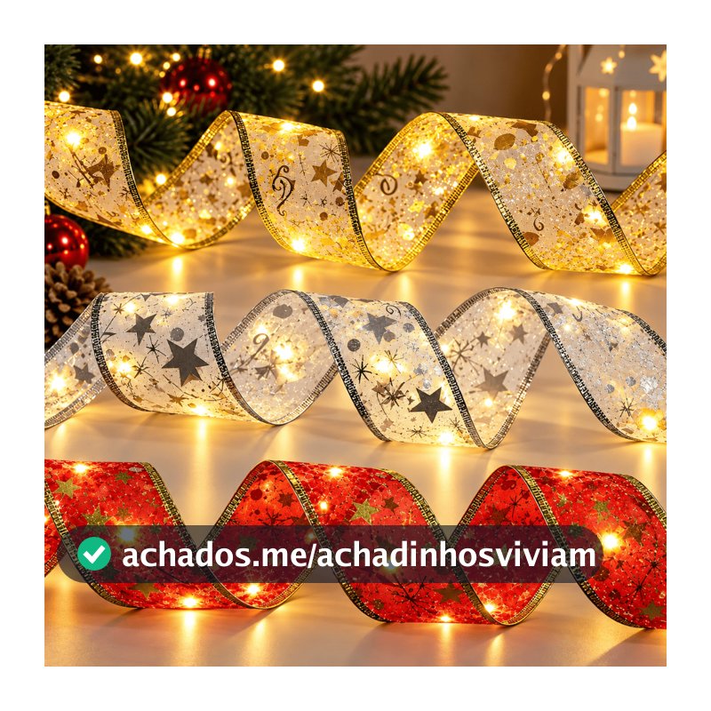 Fita De Natal Aramada com Luzes Decoração Natalina Árvore Laços Com LED Para Presente 4 metros Vermelha Dourada e Prata