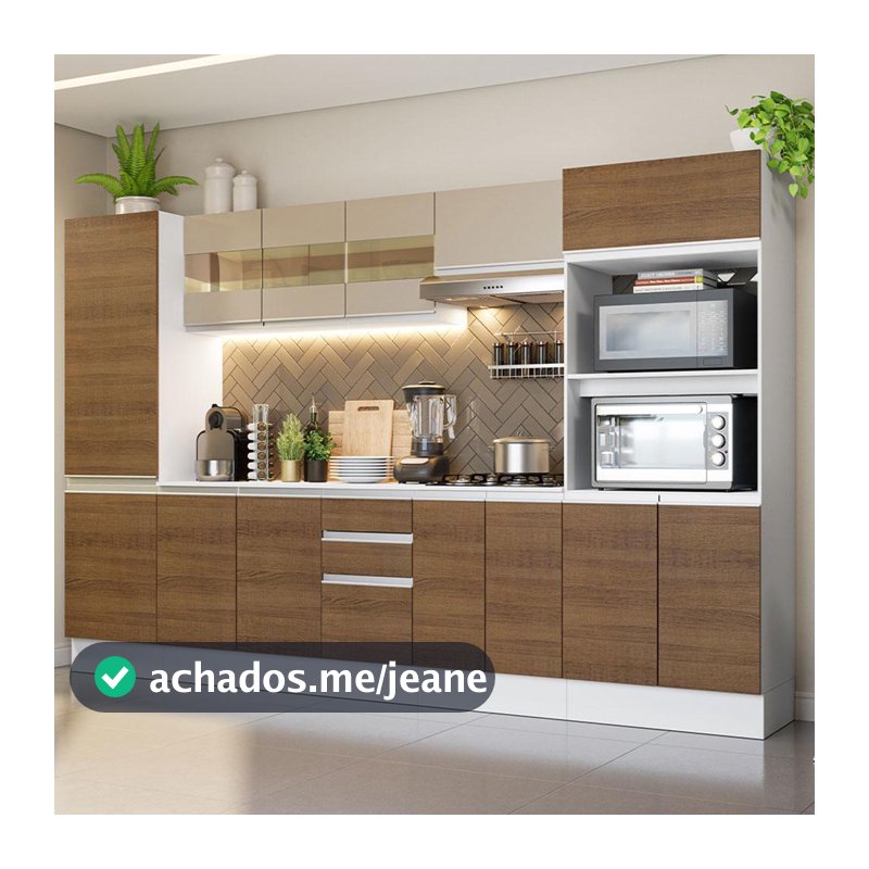 Armário de Cozinha Completa Madesa Smart 100% MDF 300 cm com Balcão e Tampo - Branco/Rustic