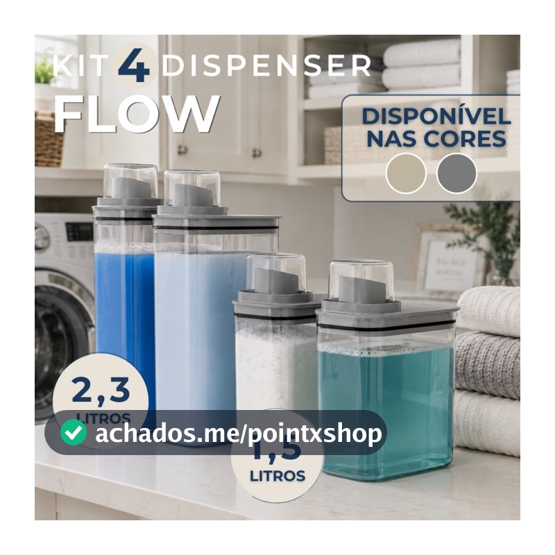Kit 4 Peças Dispenser Flow 1,5 Litros e 2,3L Porta Sabão Líquido Amaciante Alvejante Organizador de Lavanderia Ou