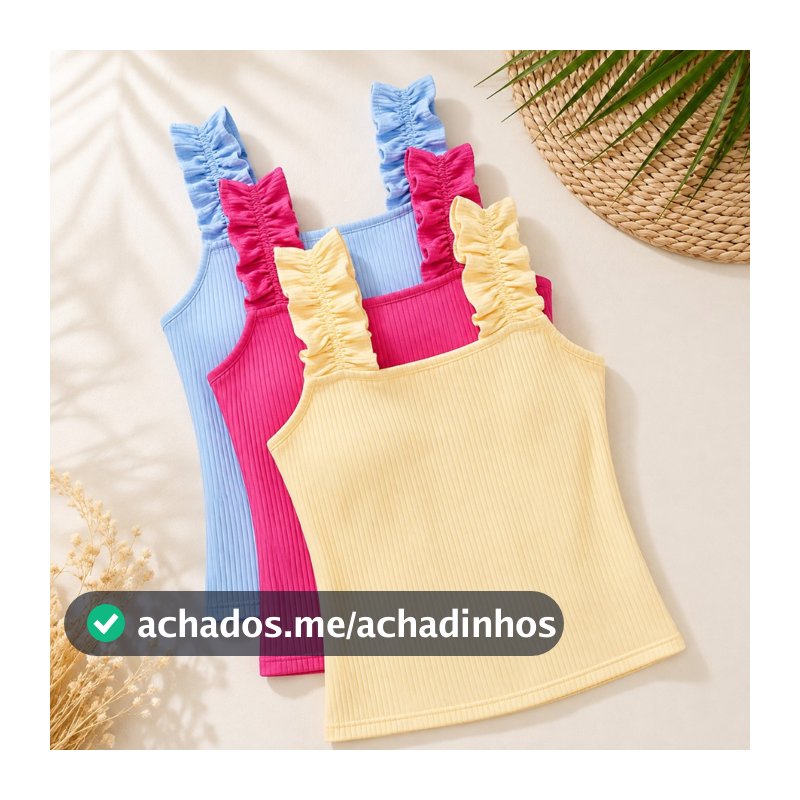 Kit 3 Blusa Feminina Alcinha Regata Canelada Alça Franzida Básica Verão