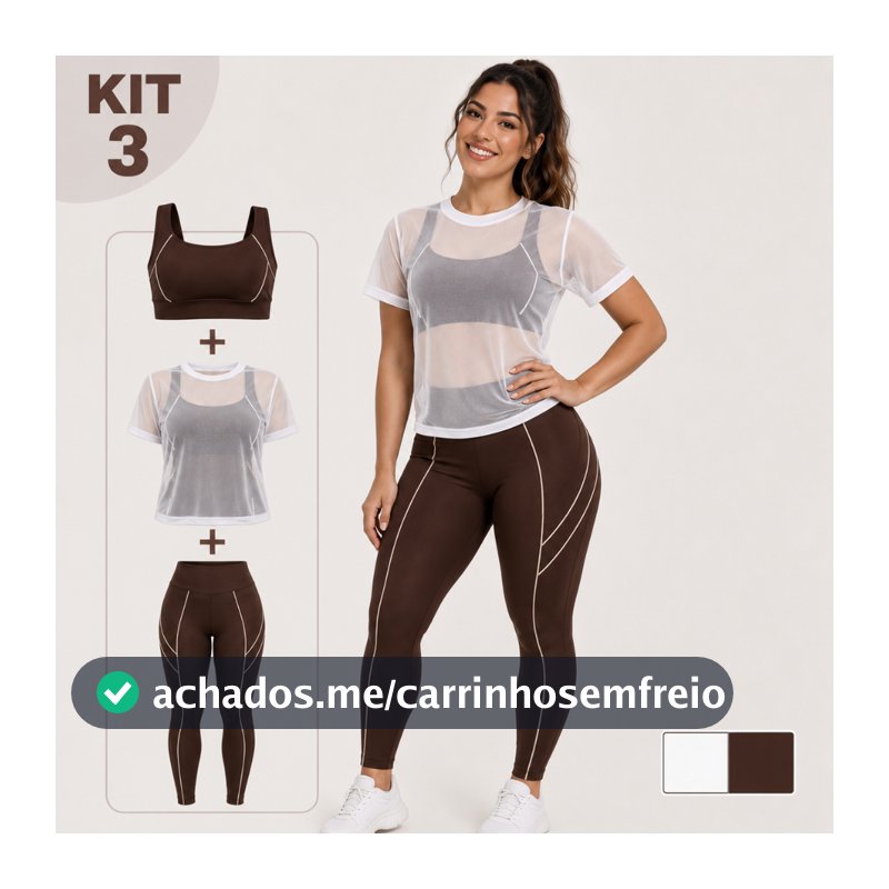 Conjunto Fitness Feminino 3 Peças Calça Legging + Top + Blusa Tule Academia Cintura Alta