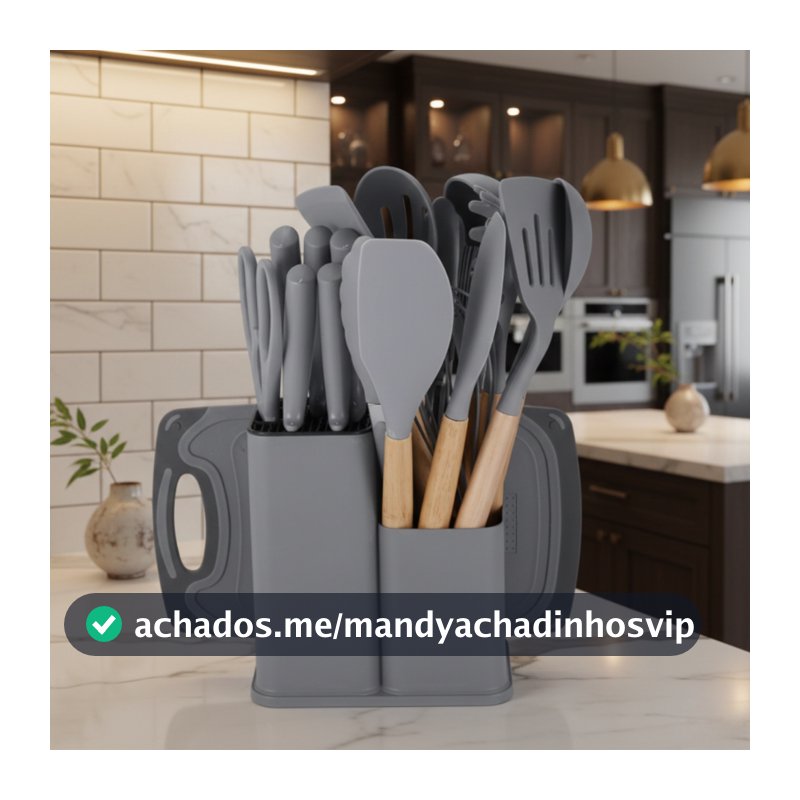 Kit 19 Peças Jogo de Utensílios Para Cozinha em Silicone Com Cabo de Madeira Completo