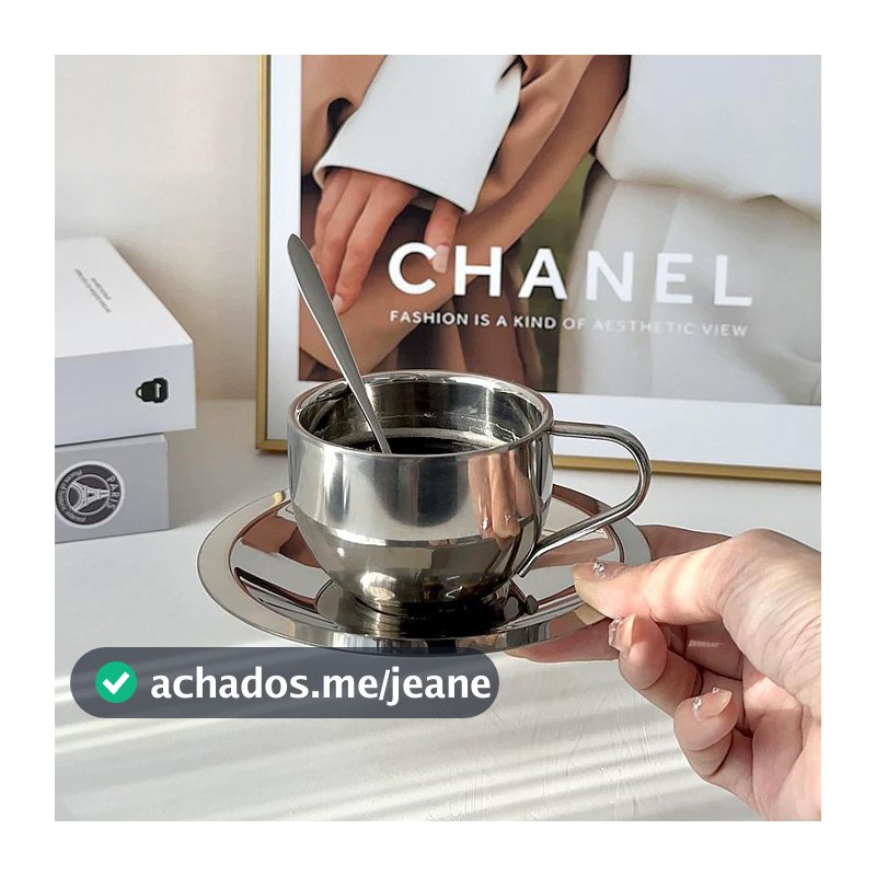 Xícara de Aço Inoxidável 304 Parede Dupla Não Tóxico 200ML com Pires e Colher Caneca Café Chá