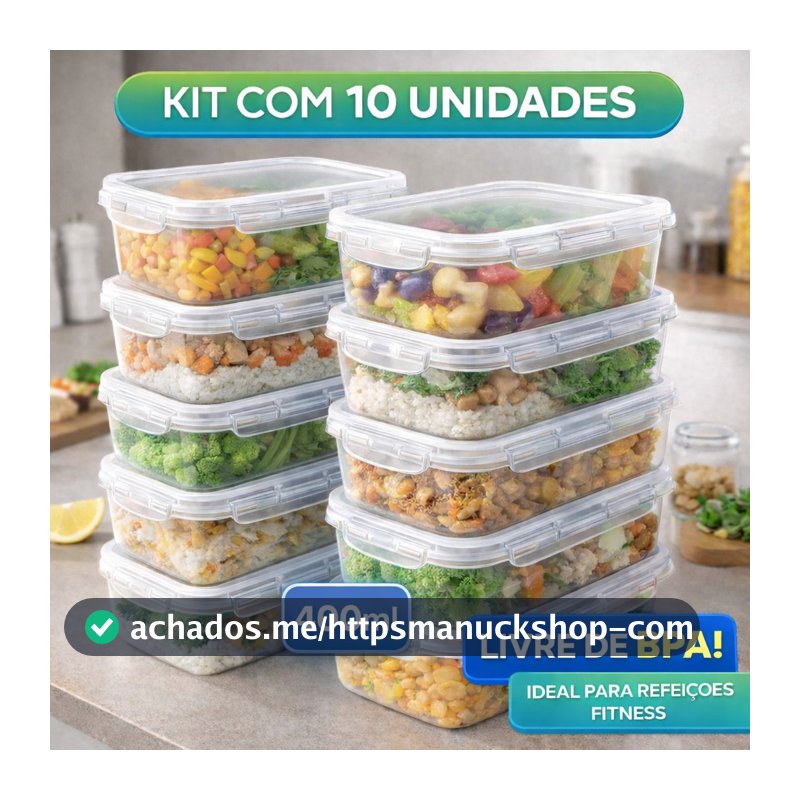 Kit 10 Potes Marmita Fit 400ML Retangular Com Tampa 4 Travas Jogo de Potes Livres de BPA