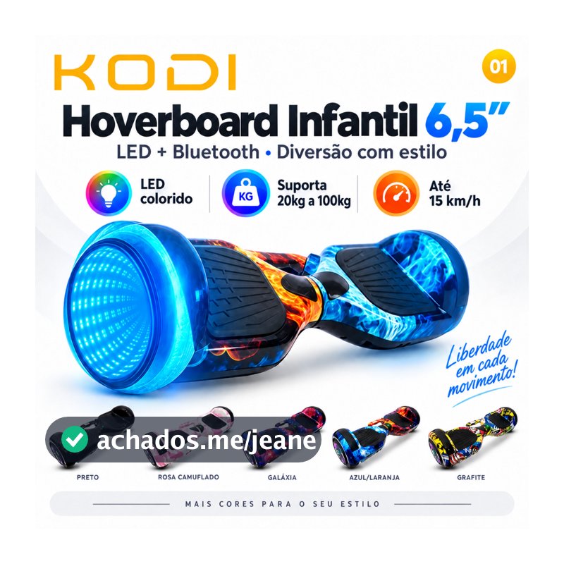 Hoverboard Infantil 6.5" KODI | Skate Elétrico com LED, Equilíbrio Inteligente e Base Antiderrapante