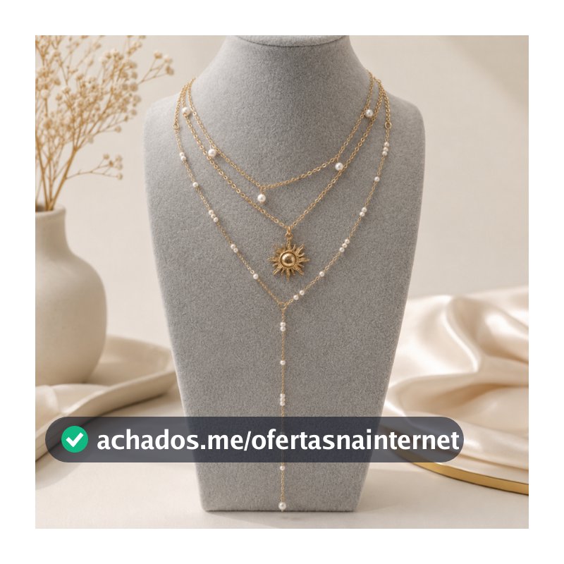 Colar Feminino Longo Y com Sol e Pérolas Banhado a Ouro/Prata P925 Ajustável Elegante Delicado