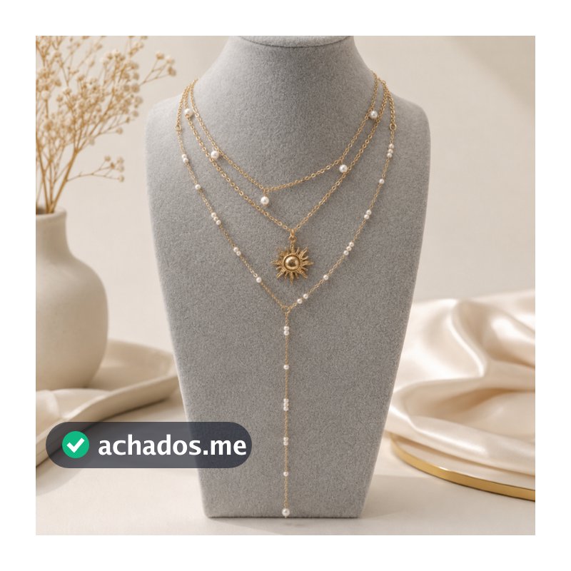 Colar Feminino Longo Y com Sol e Pérolas Banhado a Ouro/Prata P925 Ajustável Elegante Delicado