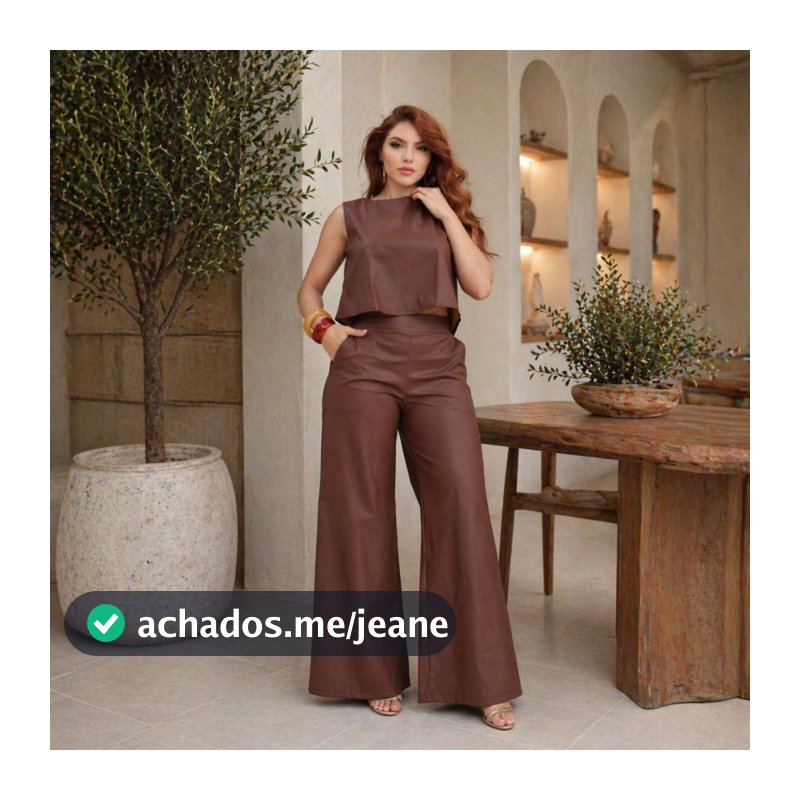 Conjunto Feminino Couro Fake Pantalona Wide Leg Cropped Luxo Elegante Tendência 2026