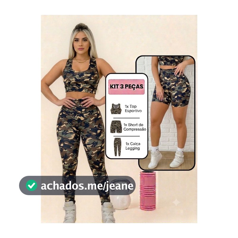 KIt Com 3 Pecas Calca Leg Legging Com Short Mais Top Camuflado Militar Pintado Oncinha Exercito Roupa De Academia Fitnes